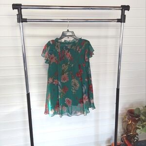 KATE & MALLORY floral green short sleeve blouse size medium